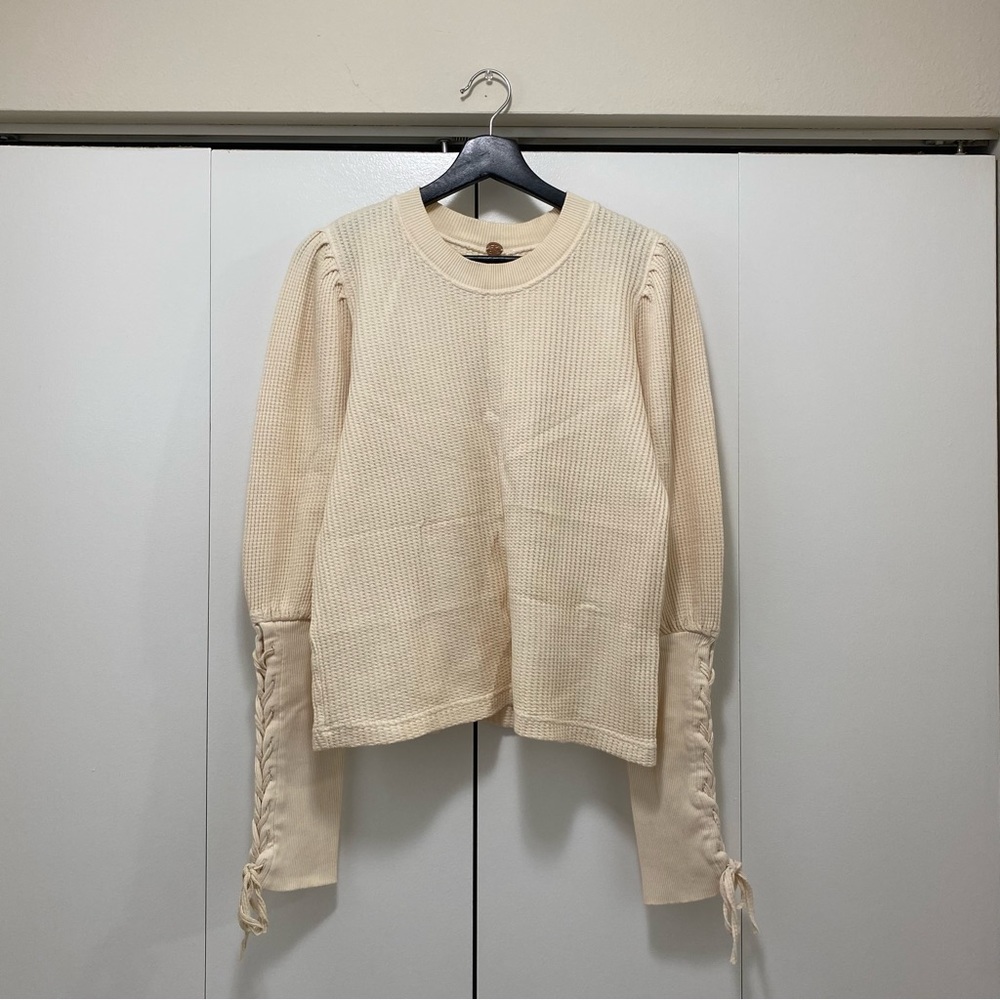 Free People Cream Waffle Knit Lace-Up Sleeve Sweater